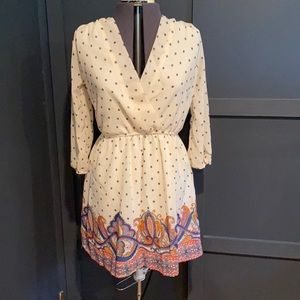 Cream Long Sleeve VNeck Elastic Waist Dress